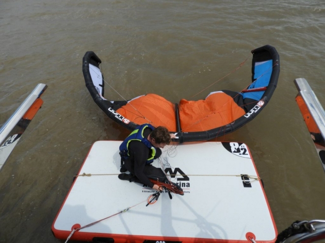 On the floating platform preparing the lines